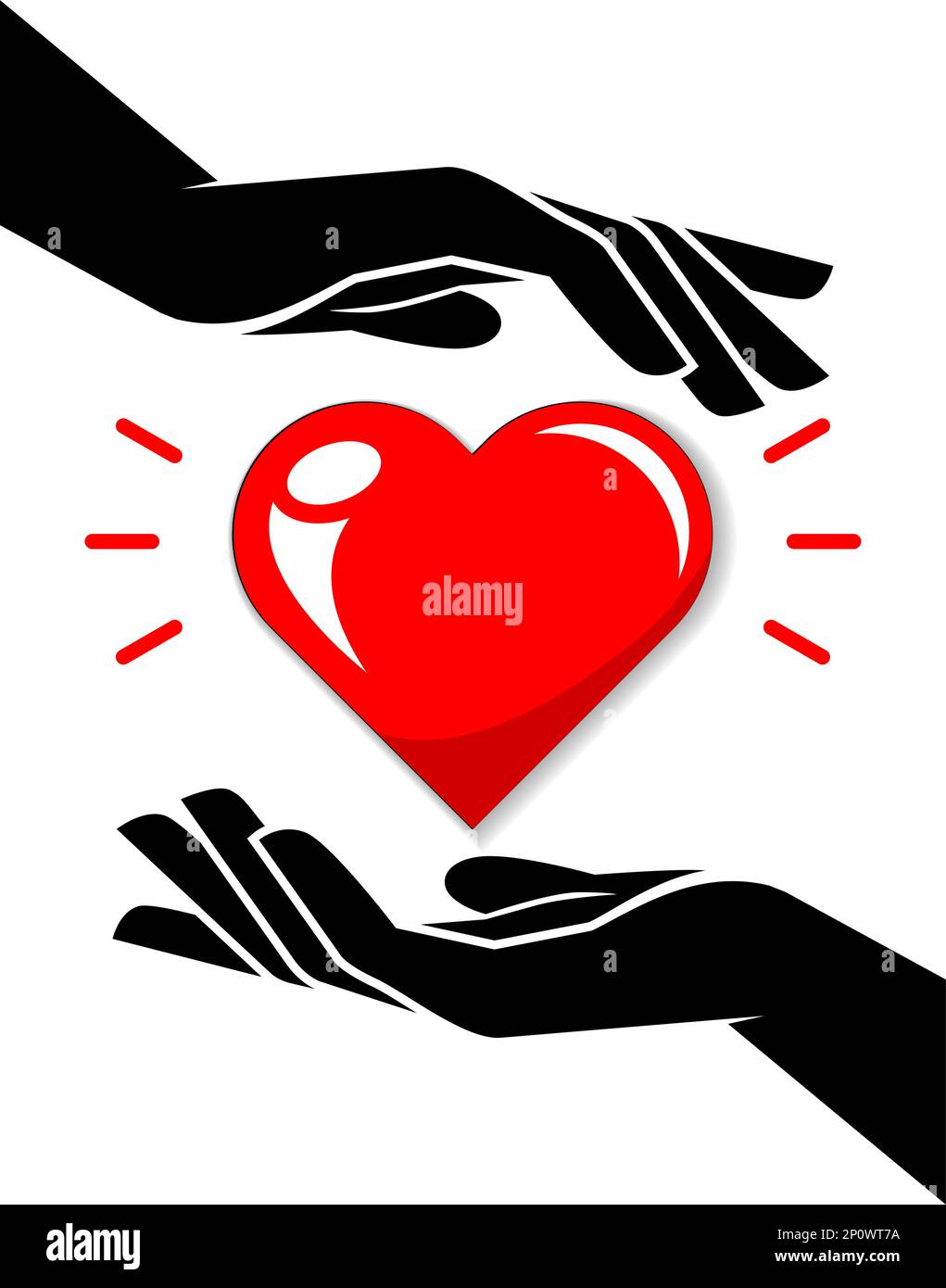 Las manos de la pareja en el amor sostienen el corazón rojo uno para dos. Plantilla de vector sobre un fondo transparente para una tarjeta de felicitación, impresión, invitación, página web Ilustración del Vector