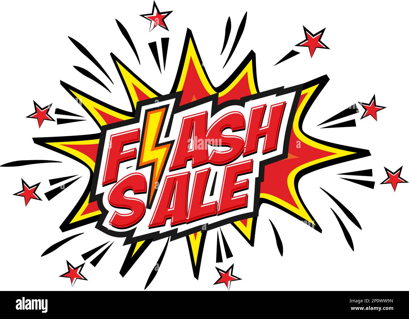 Cartel de plantilla de venta flash o banner con icono de Flash, estrellas, explosión y relámpago en estilo cómico. Vector sobre fondo transparente para la impresión, socia Ilustración del Vector