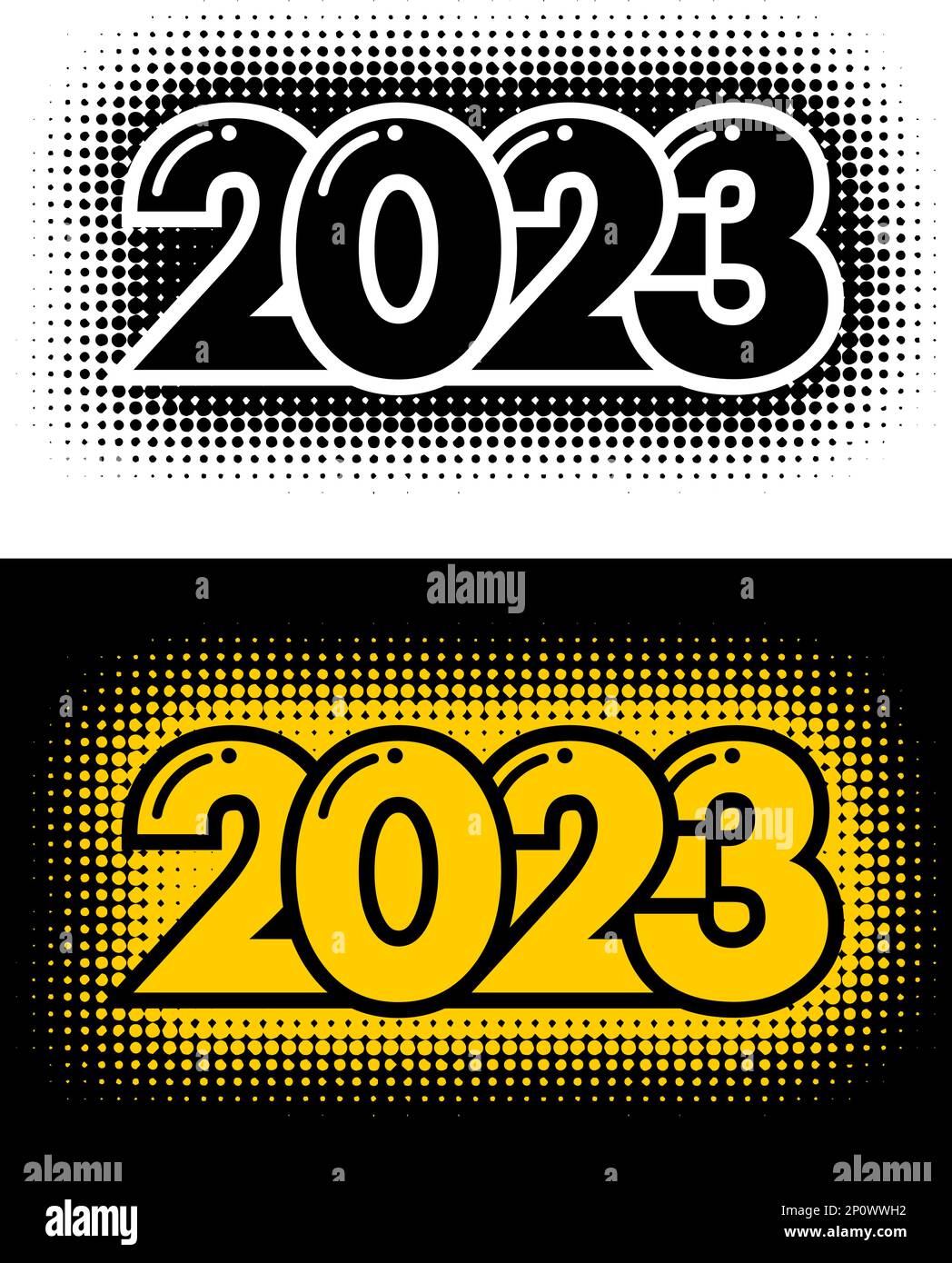 2023 años logotipo semitono. Encabezado de plantilla de vector sobre fondo transparente y negro Ilustración del Vector