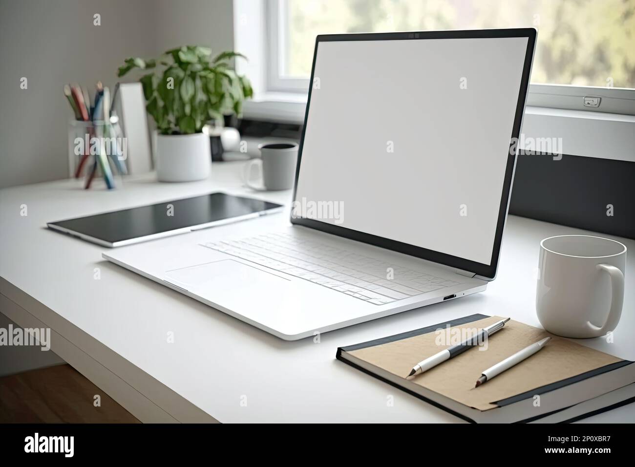 Portátil con pantalla en blanco en el cuadro blanco con el ratón y el  smartphone. Interior casa u oficina antecedentes Fotografía de stock - Alamy