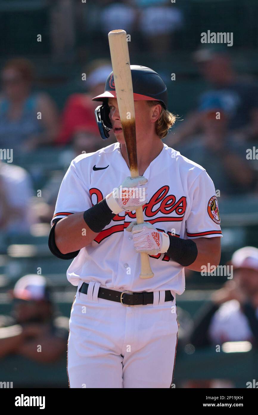 Baltimore Orioles Jackson Holliday (87) bats during a spring training