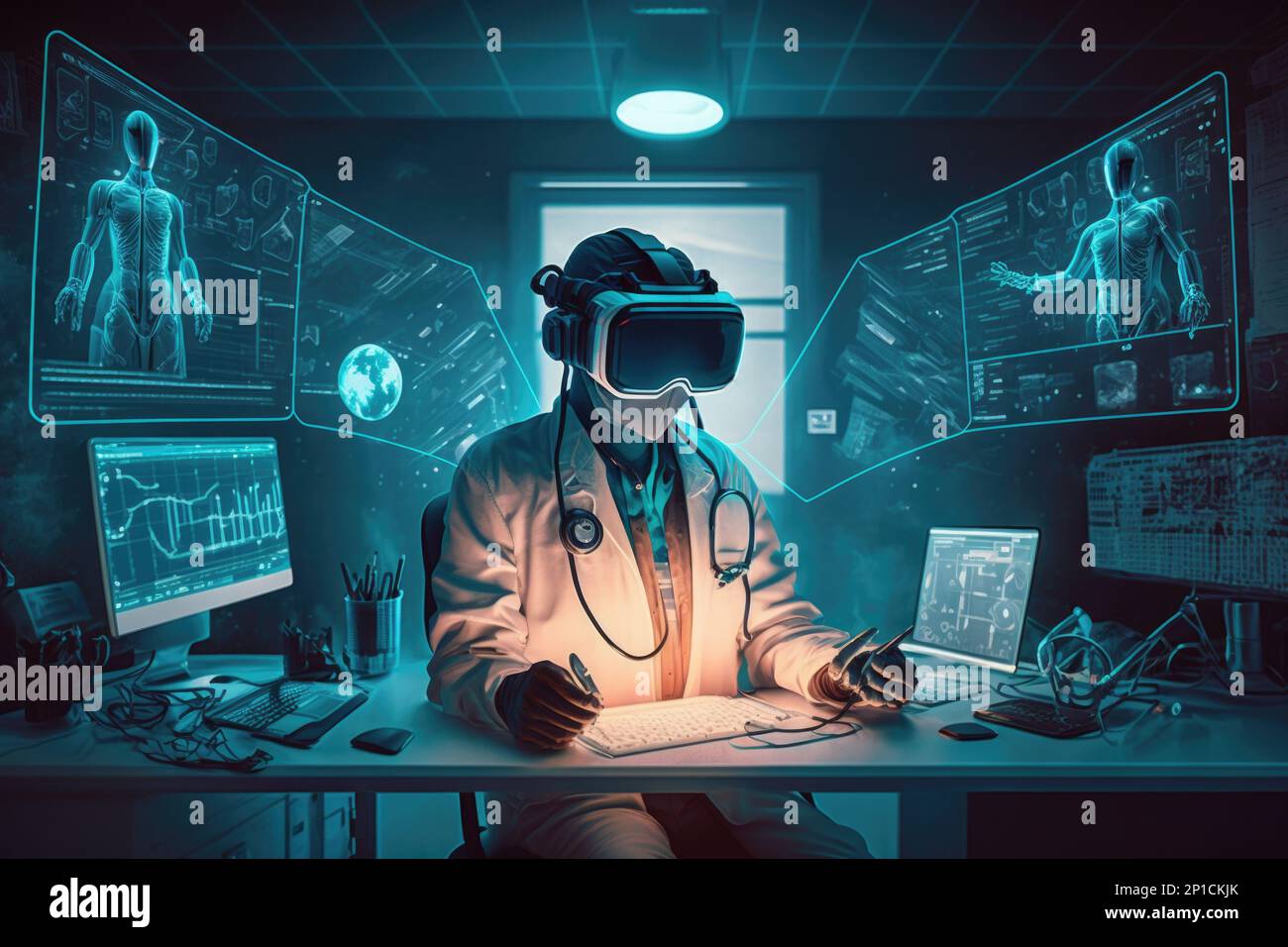 Un hombre en una bata de laboratorio sentado en un escritorio con un  ordenador y auriculares en la cibernética gráficos por ordenador futurismo  Fotografía de stock - Alamy