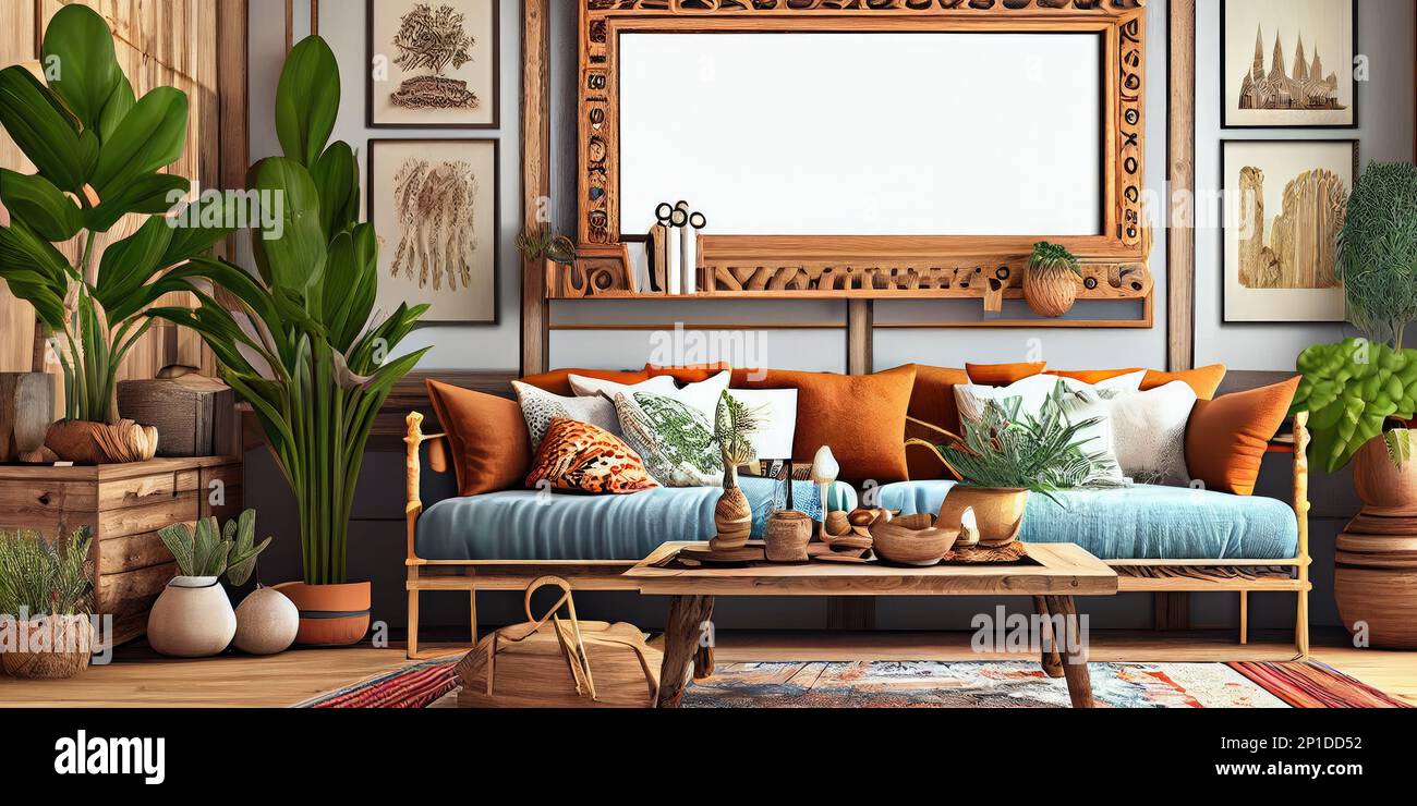 Elegante sala de estar escandinava con sofá de menta de diseño, muebles,  mapa de póster simulado, plantas y elegantes accesorios personales.  Decoración moderna del hogar Fotografía de stock - Alamy