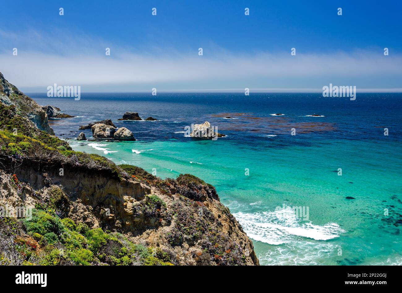 Hermosa costa rocosa y vegetación en el Océano Pacífico en California, Estados Unidos Foto de stock