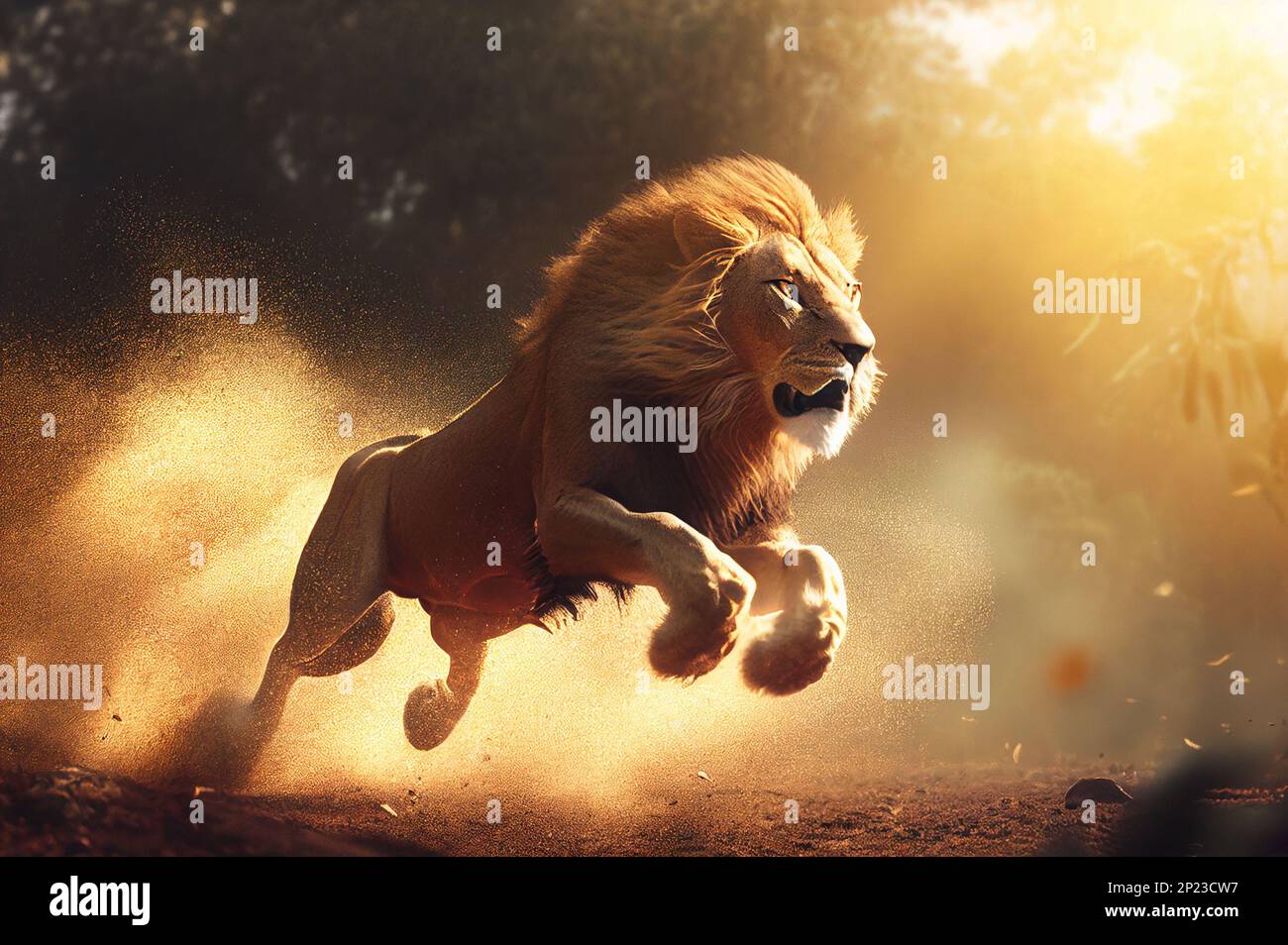 Ángulo de perfil Ataque de salto de aire del león africano que corre en la selva africana en la luz del día soleado Foto de stock