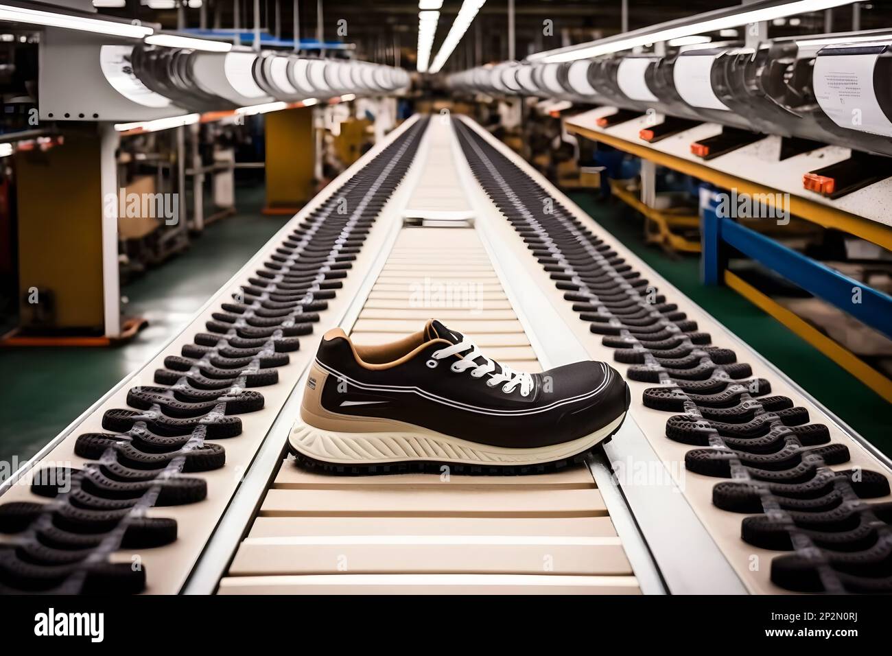 Máquinas y equipos de la fábrica de zapatos, producción de calzado moderno.  Red neuronal AI generó arte Fotografía de stock - Alamy