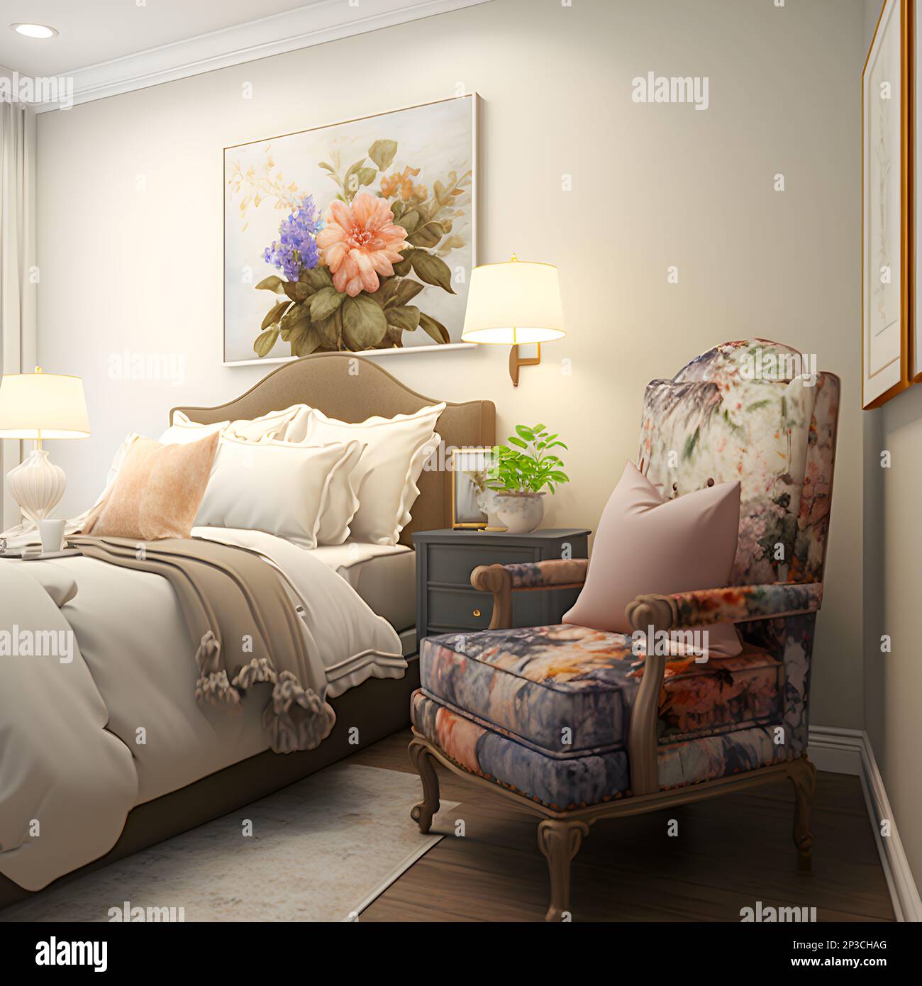 Una cama hecha con sábanas y mantas en una habitación de hotel con pintura  en la pared, una cabecera con lámparas de lectura y flores junto a un  sillón con almohada Fotografía