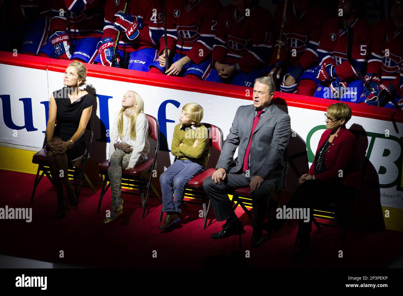 December 18, 2014 : Former Montreal Canadiens Saku Koivu's family looks at  the giant screen prior to an NHL game between the Anaheim Ducks and the  Montreal Canadiens at the Bell Centre