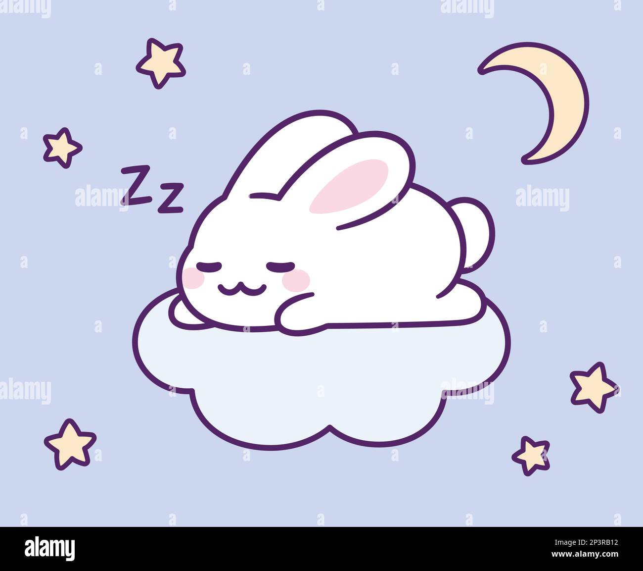 Lindo conejo de dibujos animados durmiendo en la nube en el cielo nocturno. Buenas noches, kawaii conejito dibujado a mano doodle. Aislado vector clip art ilustración. Ilustración del Vector