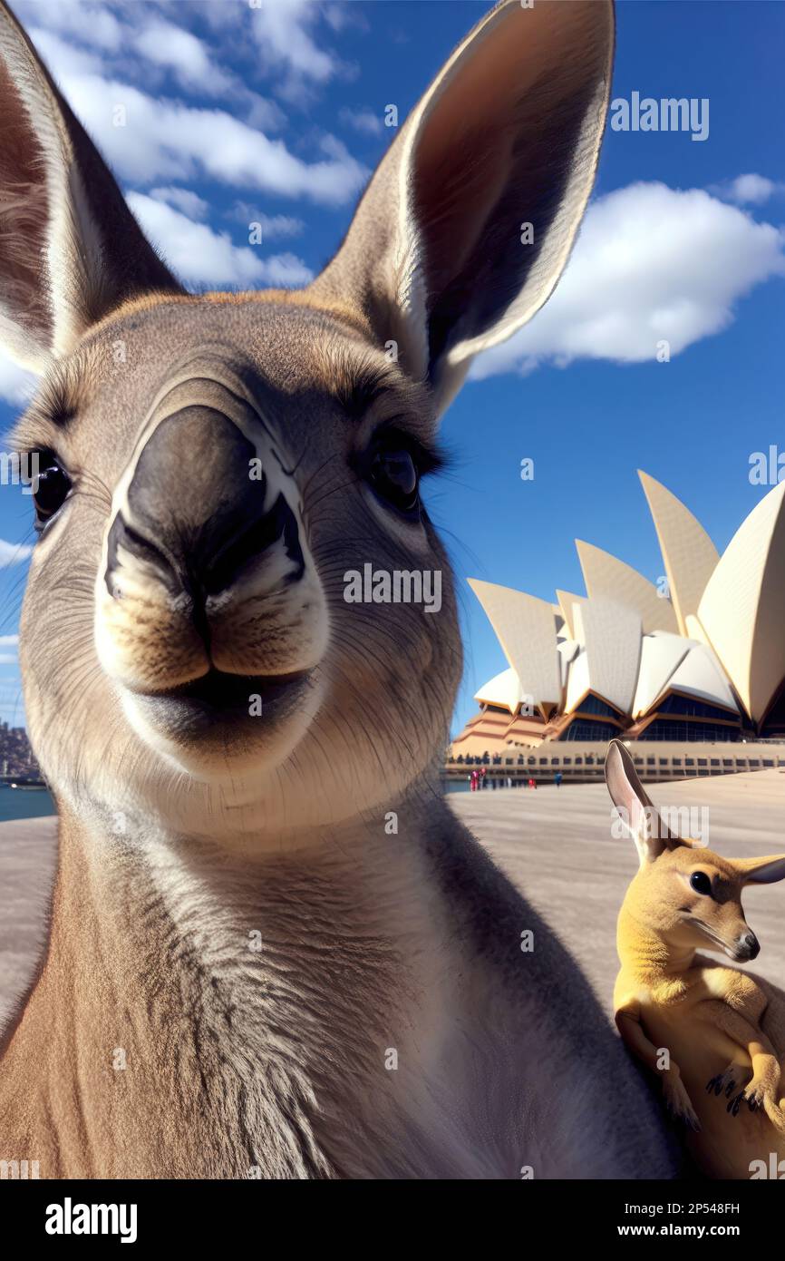 un momento lúdico entre un canguro y un ser humano, mientras el marsupial  mira curiosamente hacia la lente de la cámara, aparentemente posando para  un selfie Fotografía de stock - Alamy