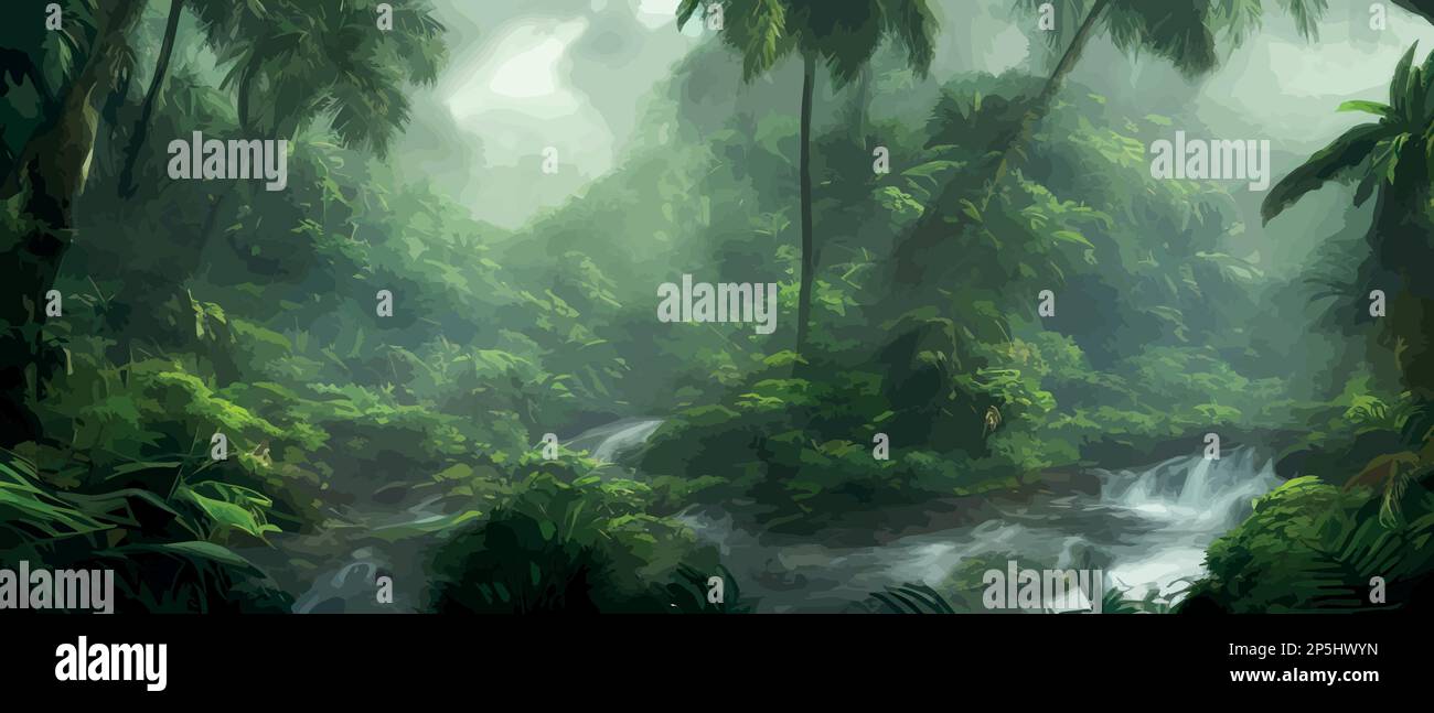 Paisaje de selva tropical horizontal. Vista panorámica de un bosque denso con palmeras y lianas