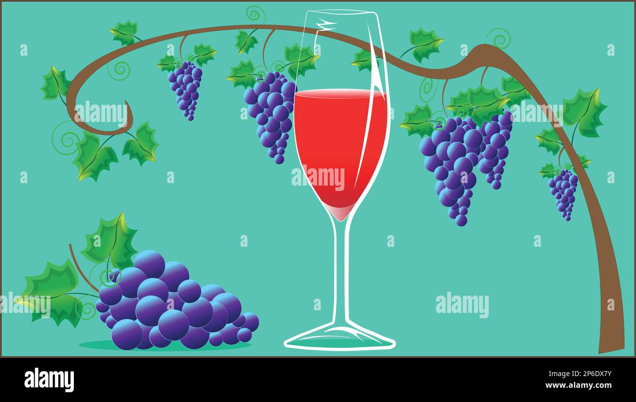Una rama de uvas maduras y deliciosas. Una copa de buen vino, una copa de delicioso jugo de uva. Ilustración del Vector