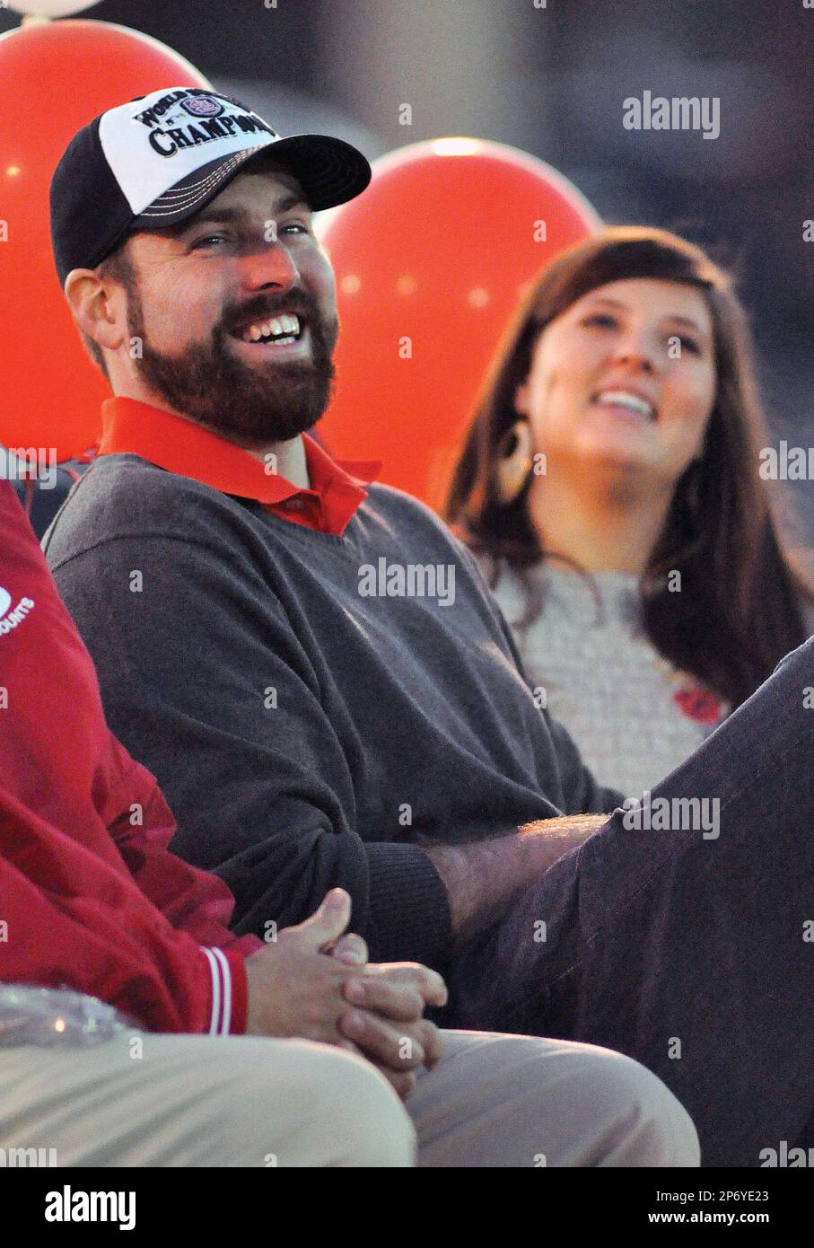 St. Louis Cardinals pitcher Mitchell Boggs laughs as Dalton High