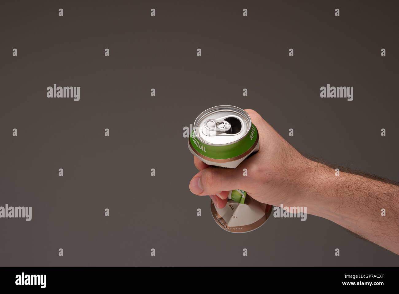 Macho caucásico sosteniendo una lata de cerveza de metal triturado. Cerca de tiro de estudio, aislado sobre fondo marrón. Foto de stock