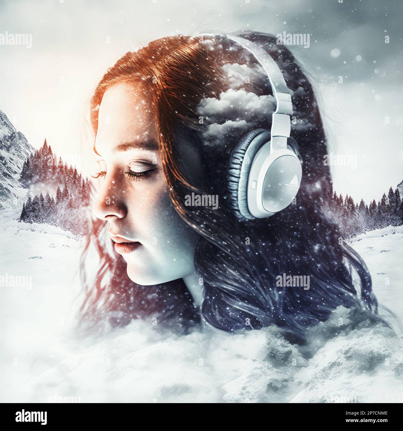 Mujer sedada en auriculares escuchando audio de música o sonido ambiental  de la montaña de nieve de doble exposición en el invierno como concepto de  tranquilidad natural Fotografía de stock - Alamy