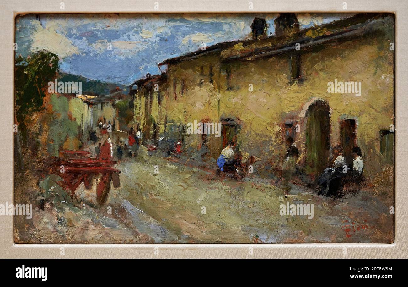 Strada animata - olio su tcartone - Cesare Ciani - 1900- Piacenza, Galería Ricci Oddi Foto de stock