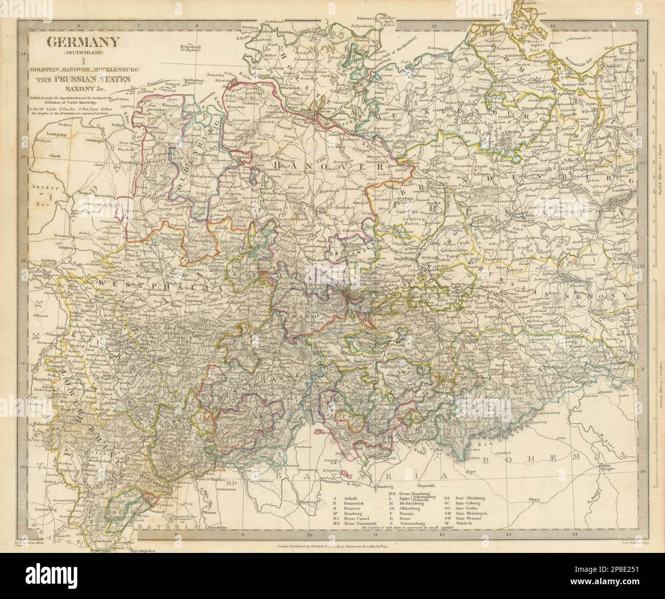 ALEMANIA DEUTSCHLAND.Holstein Hanover Mecklenburg Prussia Saxony.SDUK 1844 mapa Foto de stock