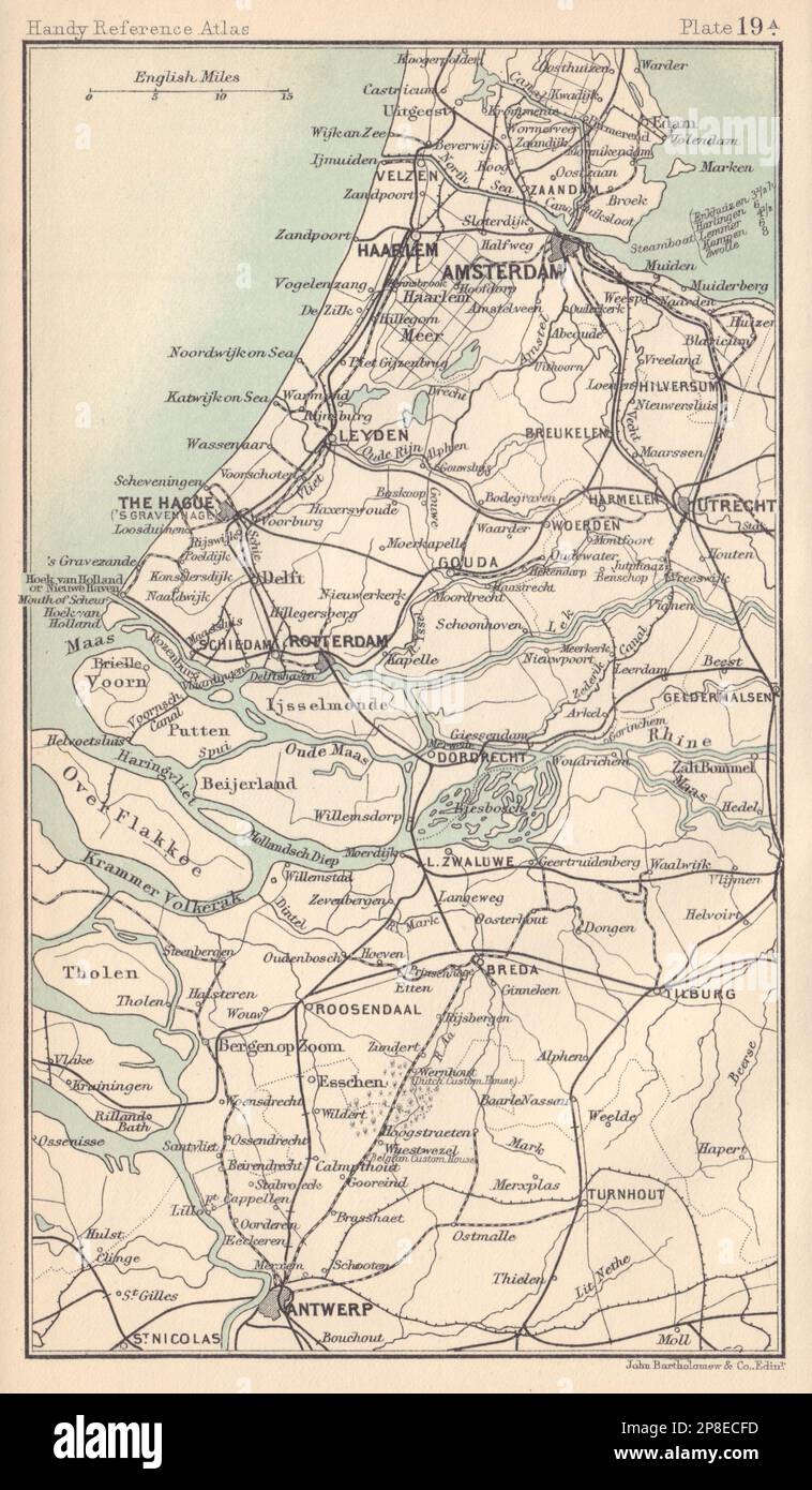 Países Bajos. Amsterdam La Haya Rotterdam Amberes. BARTHOLOMEW 1898 mapa antiguo Foto de stock