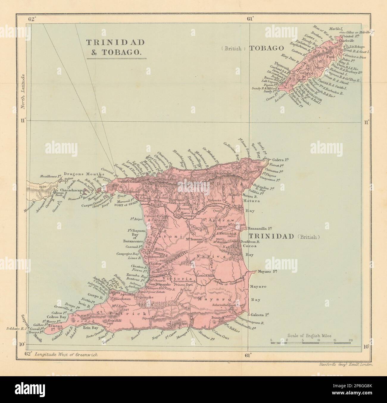 Trinidad y Tobago. Caribeño. STANFORD / WASHINGTON EVES 1897 viejo mapa Foto de stock
