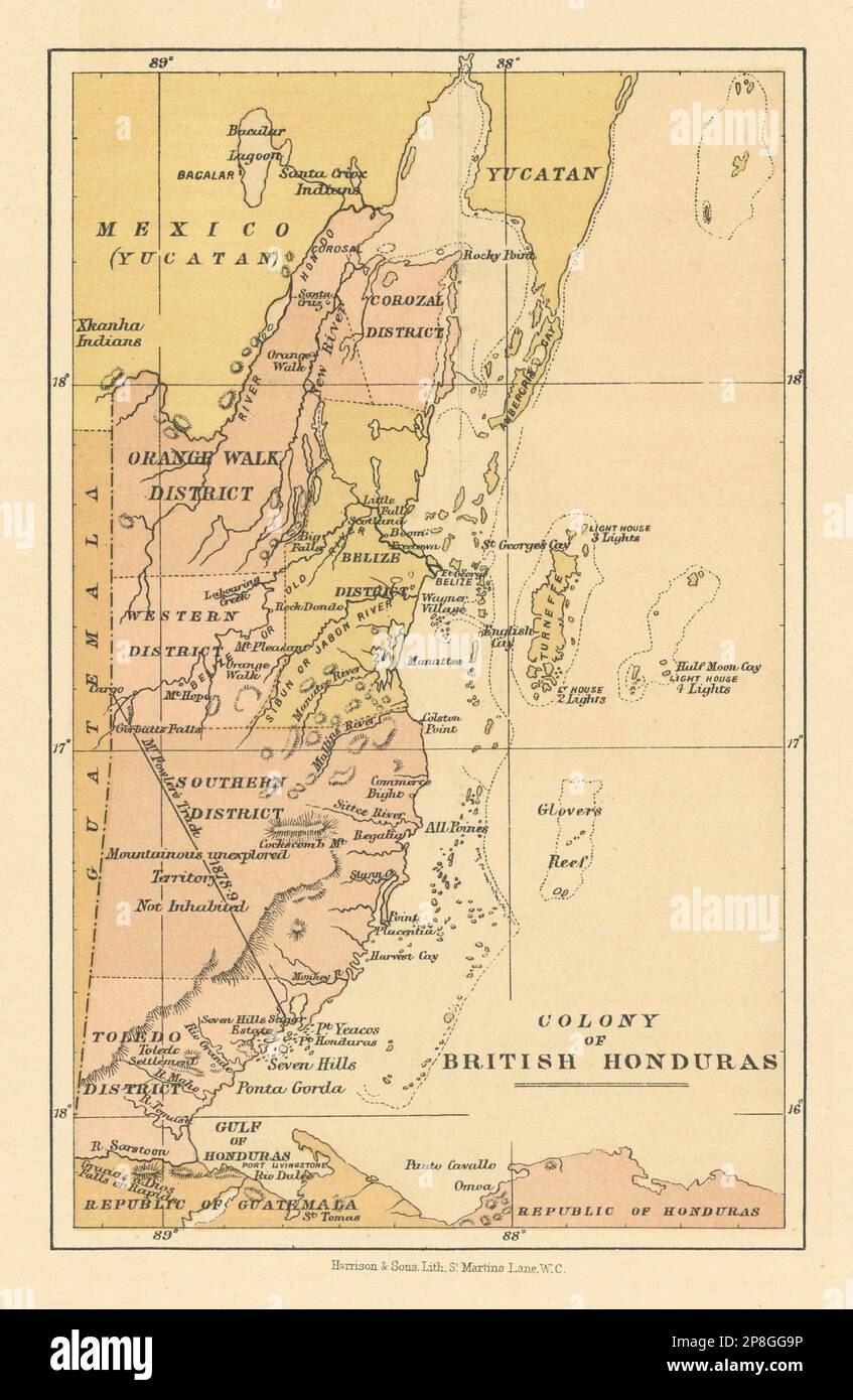 Colonia de Honduras Británica. Belice. WASHINGTON EVES 1889 viejo mapa antiguo carta Foto de stock