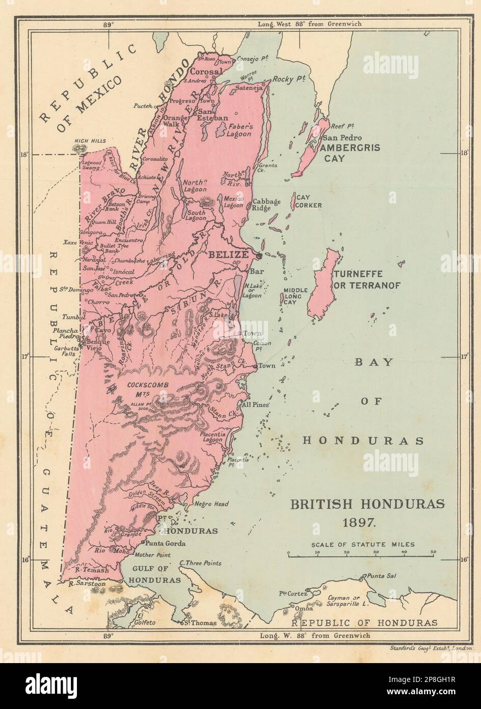 Honduras Británica. Belice. STANFORD / WASHINGTON EVES 1897 antiguo mapa antiguo Foto de stock