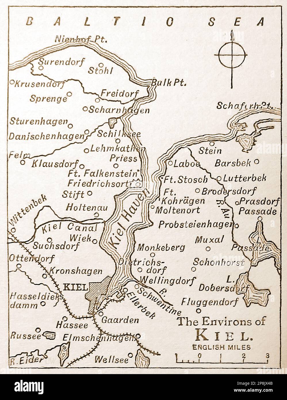 Un viejo mapa del siglo 19th de Kiel (entonces en Prusia ahora Alemania) - Eine alte karte aus dem 19. Jahrhundert von Kiel (damals in Preußen, Alemania) - Foto de stock