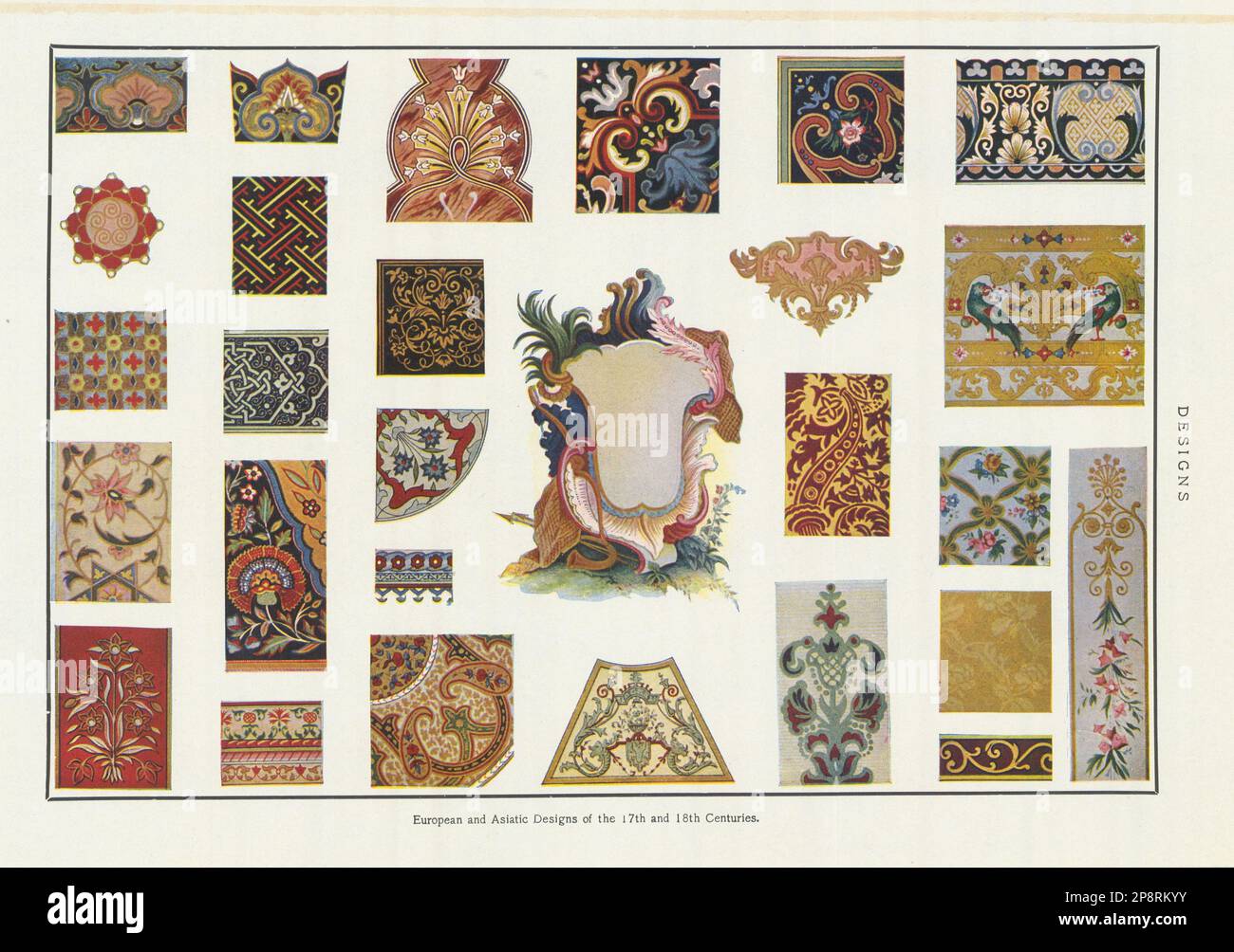 Diseños europeos y asiáticos de los siglos 17th y 18th, 1907 antigua impresión Foto de stock