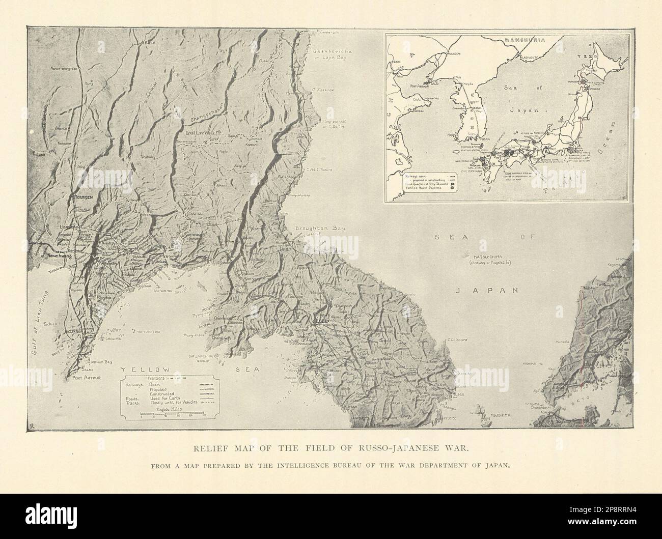 Mapa de relieve del campo de la guerra ruso-japonesa. Corea 1907 antiguo antiguo Foto de stock