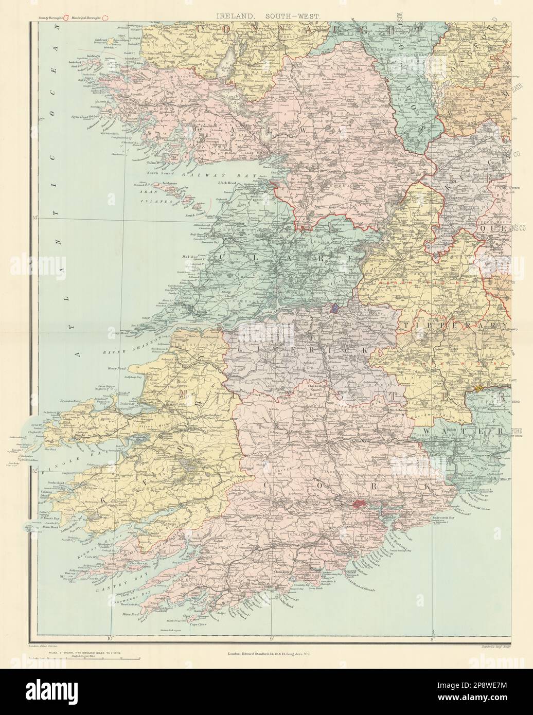 Irlanda al suroeste de Munster Kerry Limerick Cork Clare Limerick. Mapa de STANFORD 1904 Foto de stock