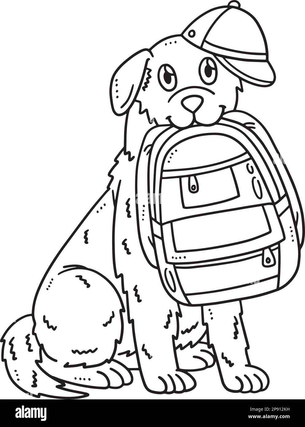 Perro Holding School Bag Página para colorear aislada Imagen Vector de
