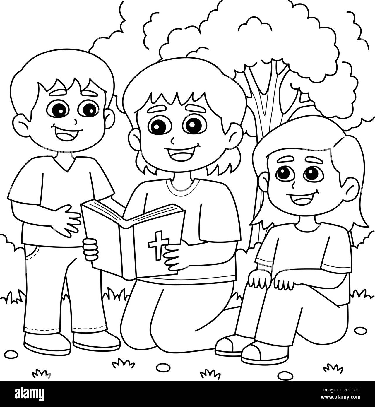 Grupo de niños leyendo un libro libro para colorear página Imagen Vector de  stock - Alamy
