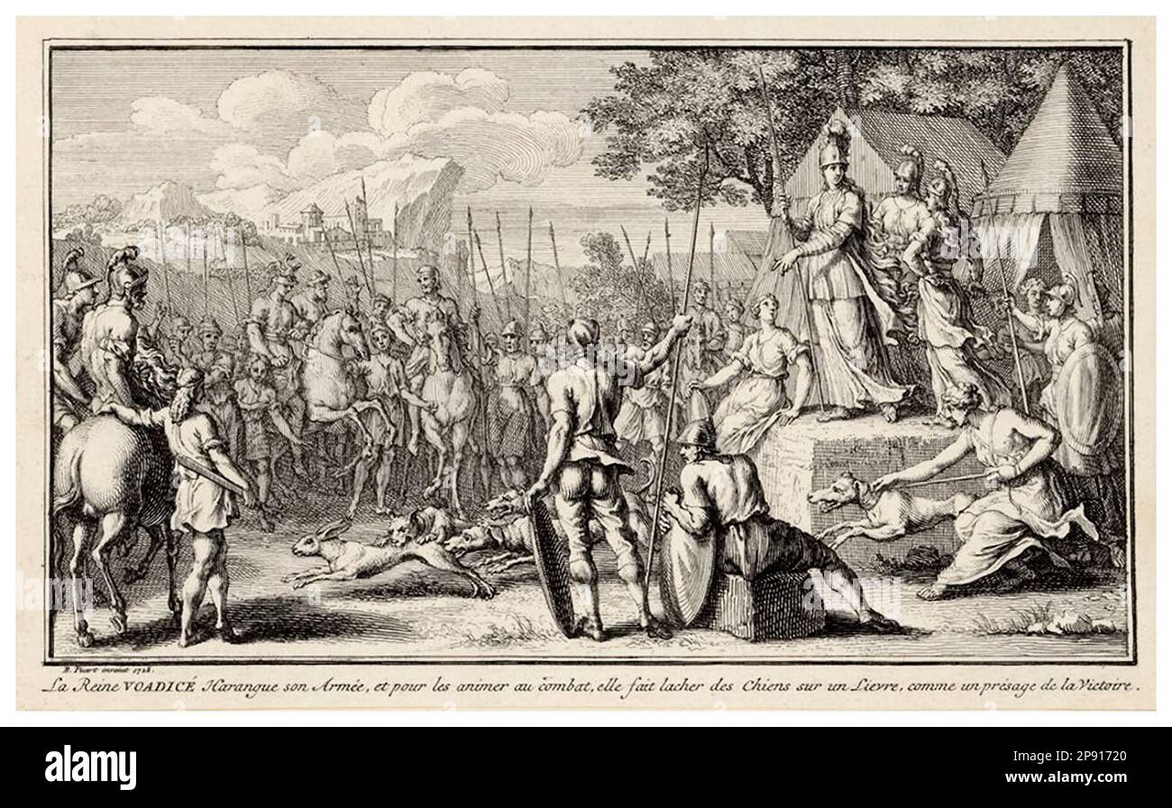 Boudica y su ejército (Boadicea), grabado por Bernard Picart, 1728 Foto de stock