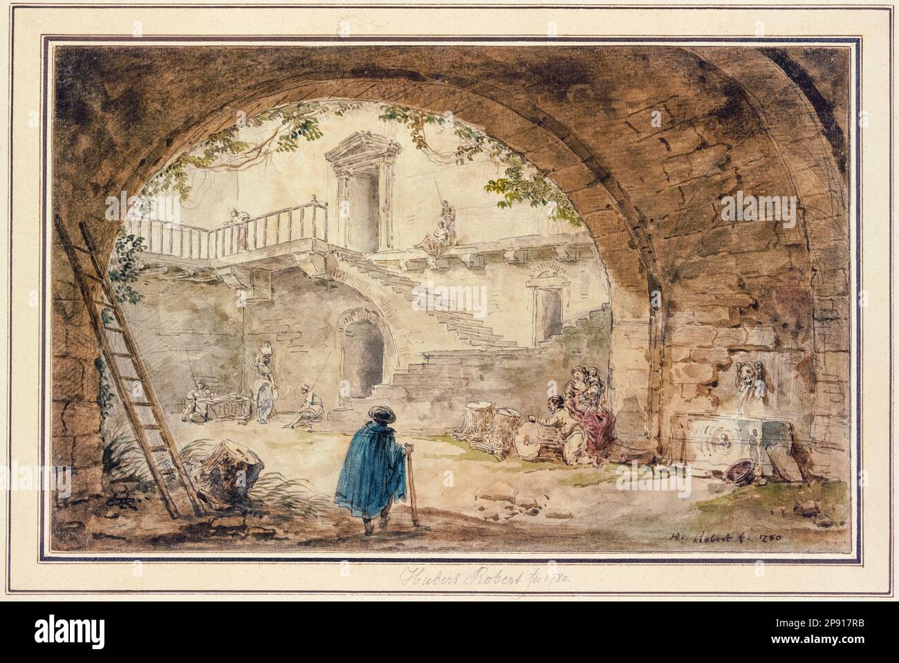 Hubert Robert, techo abovedado con fuente antigua y vista de una escalera, pintura de acuarela, 1780 Foto de stock