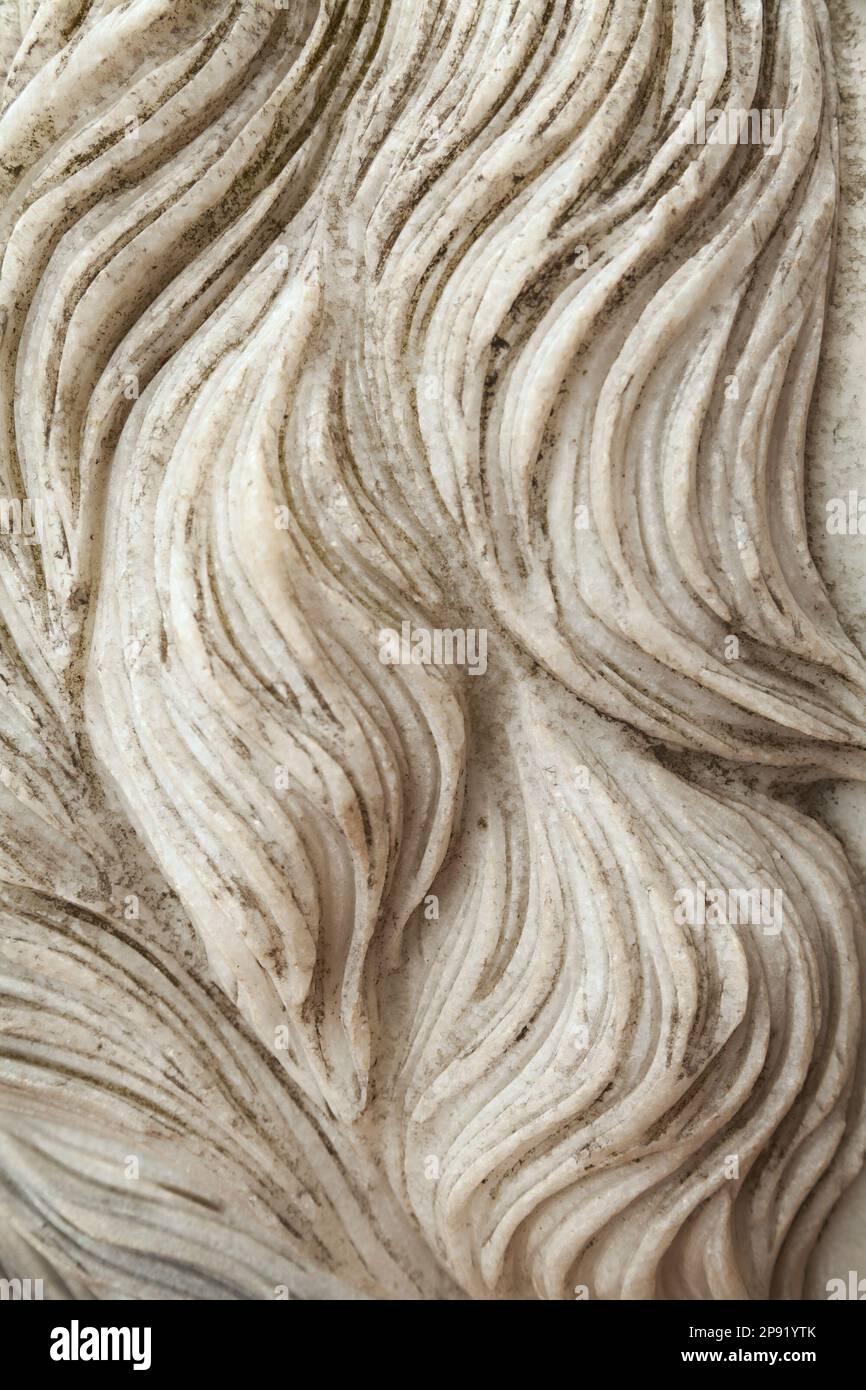 Cabello Humano o las pieles de animales curly olas talladas en piedra. La escultura de mármol blanco de fondo detalle Foto de stock