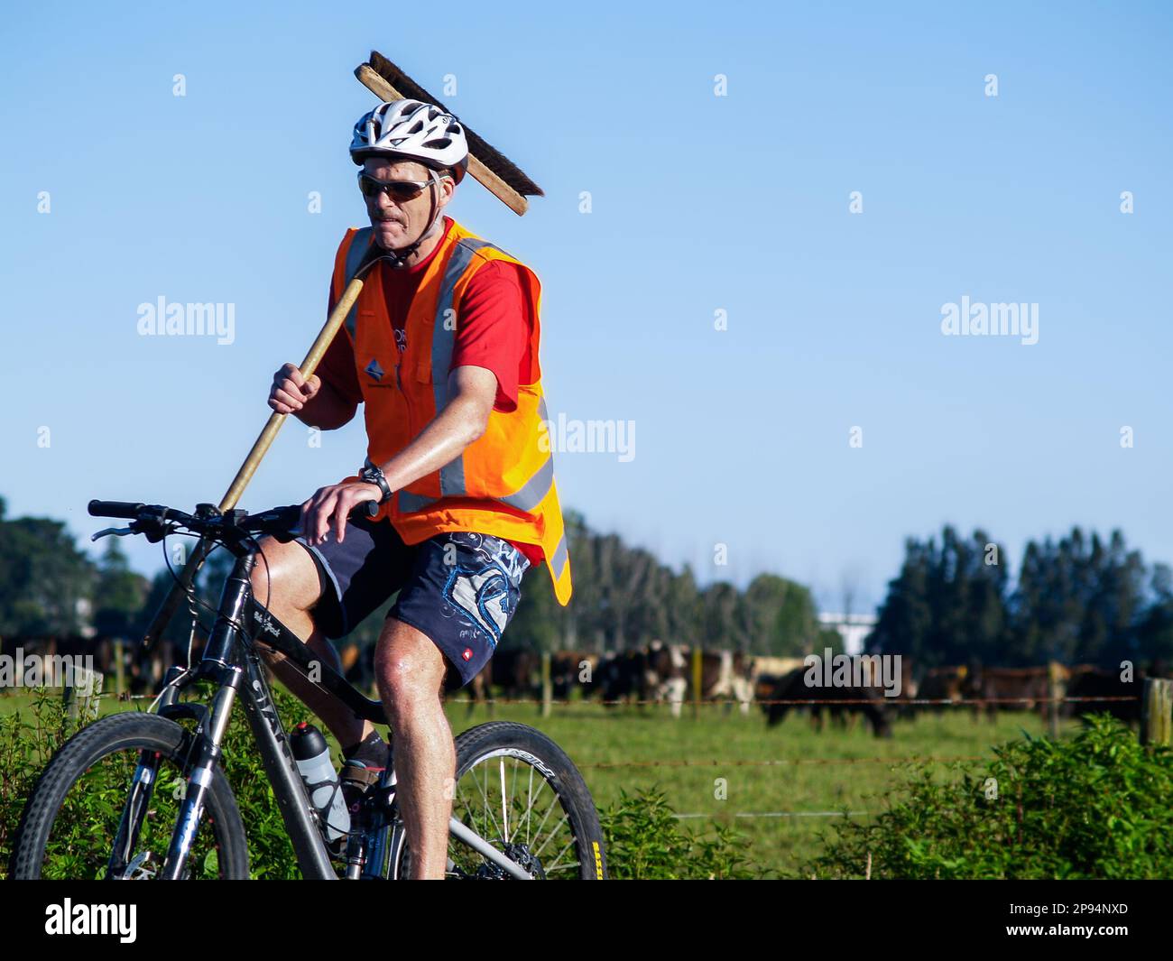 Tauranga Nueva Zelanda - Enero 8 2011; ciclista con chaleco de alta visibilidad y escoba sobre los hombros. Foto de stock