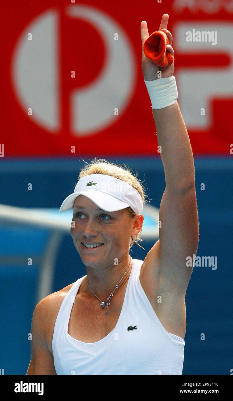 Australia's Samantha Stosur celebrates after winning her Women's