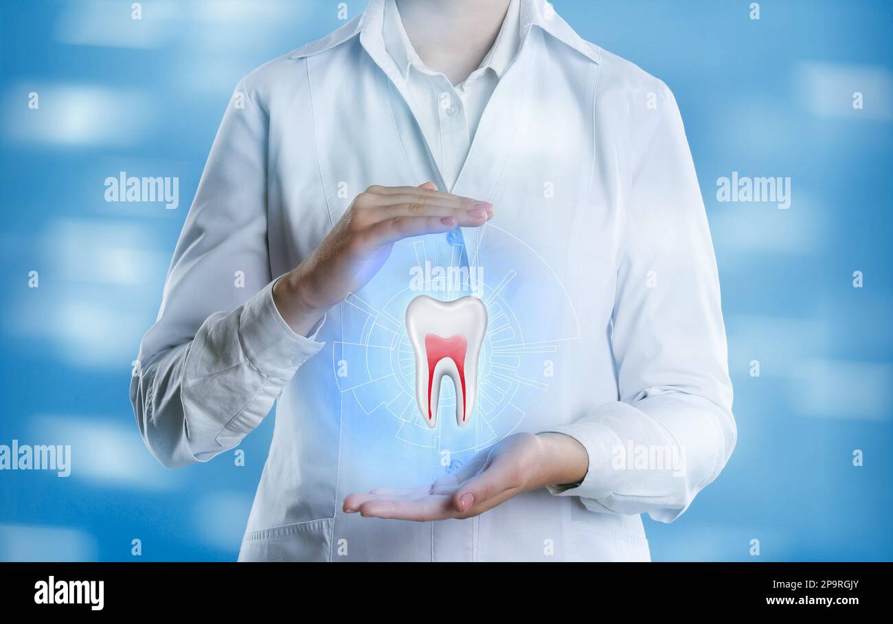 Dentista que muestra el modelo virtual del diente en el fondo azul claro, primer plano Foto de stock
