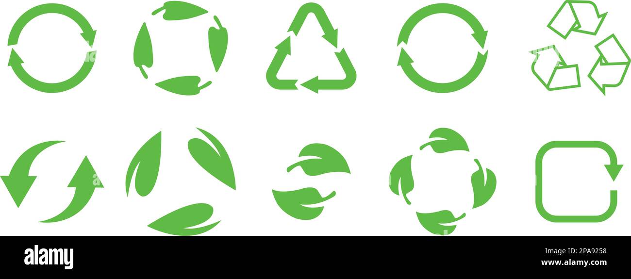 Conjunto de flechas circulares. Iconos de reciclaje y ecología. Reutilizar y rechazar concepto. Hoja reciclada Eco símbolo verde. Refrescar, recargar, grupo de signos de rotación de bucle Ilustración del Vector