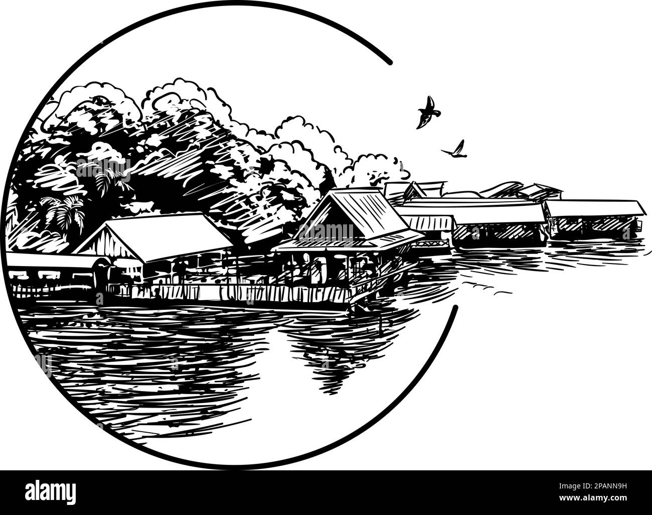 Boceto de pequeño pueblo en la orilla del río en el sudeste de Asia, ilustración vectorial dibujado a mano Ilustración del Vector