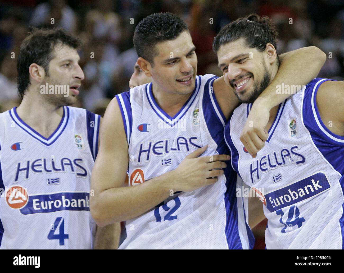 From left to right: Greek national basketball team players Theodoros  Papaloukas, Konstantinos Tsartsaris, Lazaros Papadopoulos celebrate their  victory against Croatia during their qualifying round Group E match of the  EuroBasket Championship in