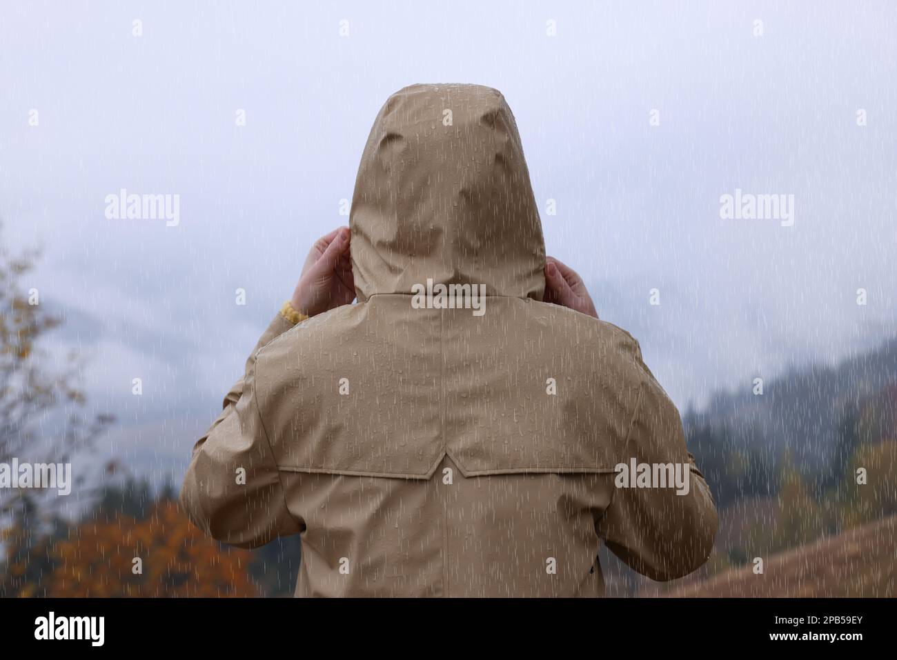 Mujer en chubasquero disfrutando del paisaje de montaña bajo la lluvia, vista posterior Foto de stock