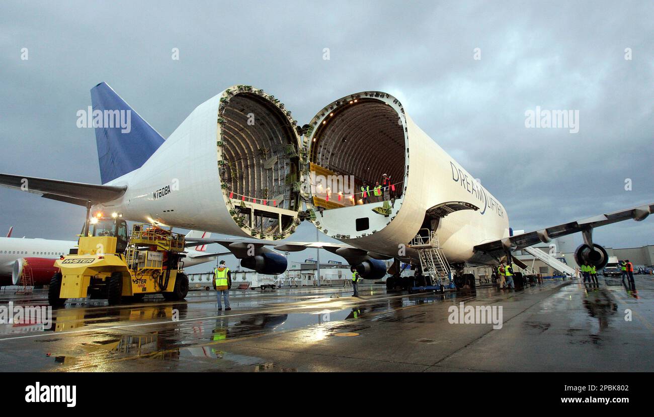 A Boeing 747 Dreamlifter, carrying the first major assembly for the