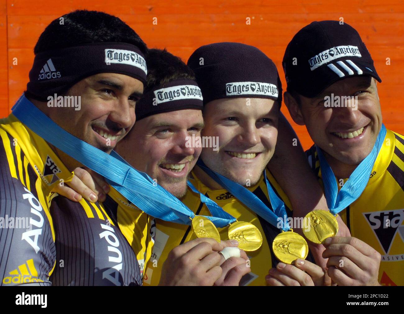 Gold medal winners Cedric Grand, Beat Hefti, Thomas Lamparter and Ivo