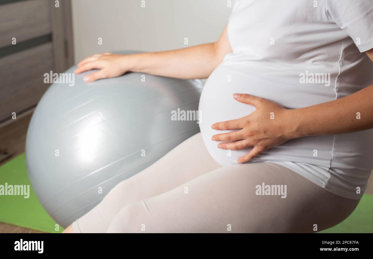 Joven Embarazada sentada en gimnasia chica pelota ejercicios con fitball  trabajo embarazo saludable gimnasia femenina concepto cartoon Imagen Vector  de stock - Alamy