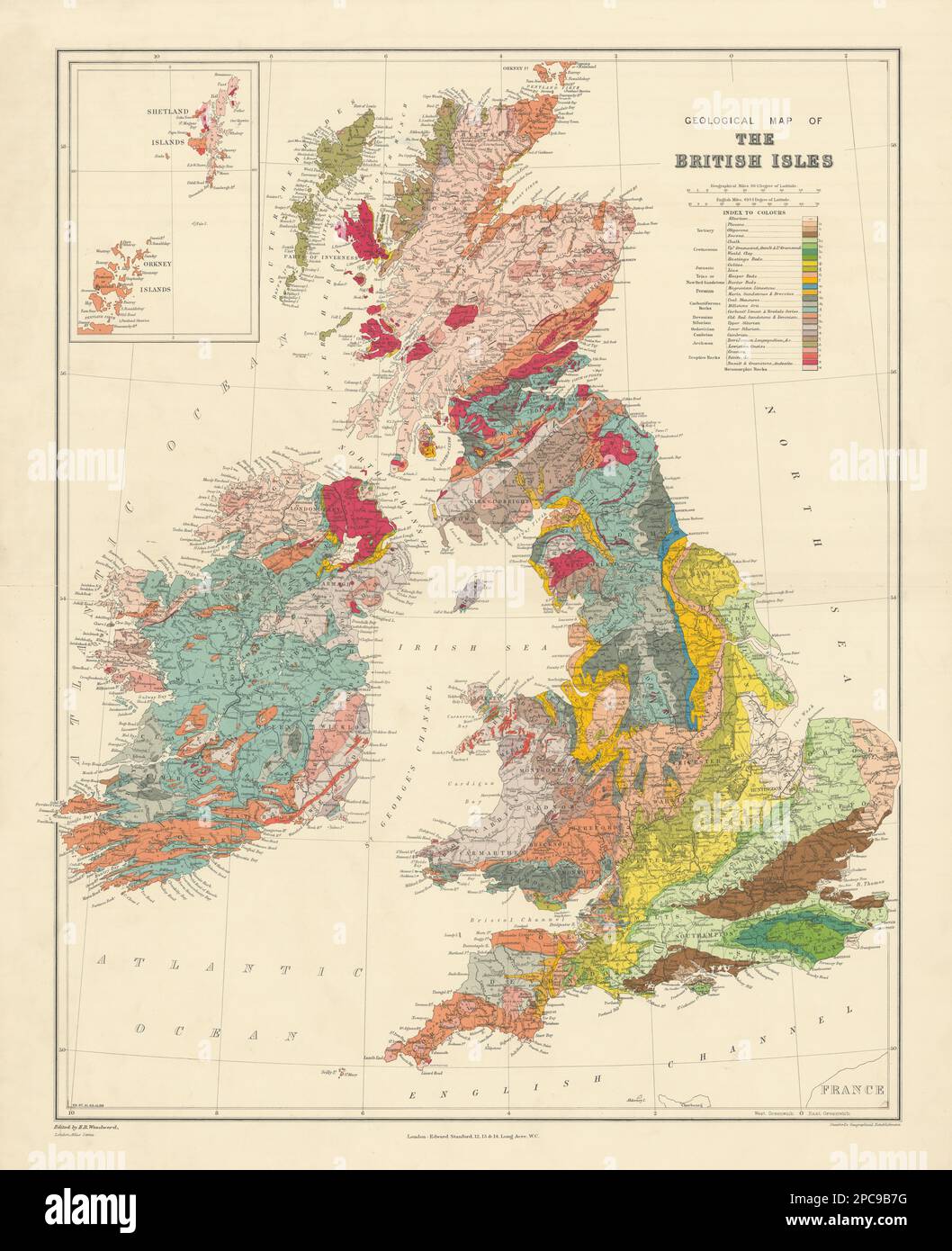 Mapa geológico de las Islas Británicas. Grande 66x53cm. STANFORD de 1904 años Foto de stock