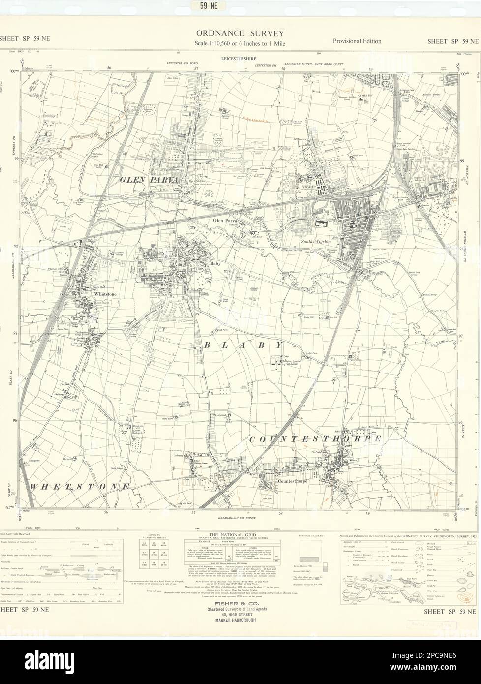 Ordnance Survey SP59NE Leicester Blaby Countesthorpe Wigston Glen Parva 1955 mapa Foto de stock