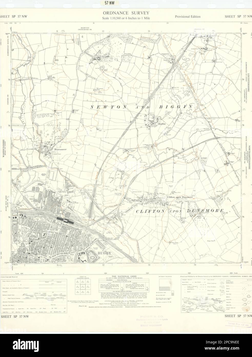 Ordnance Survey SP57NW Warwickshire Rugby Clifton upon Dunsmore Newton 1955 mapa Foto de stock