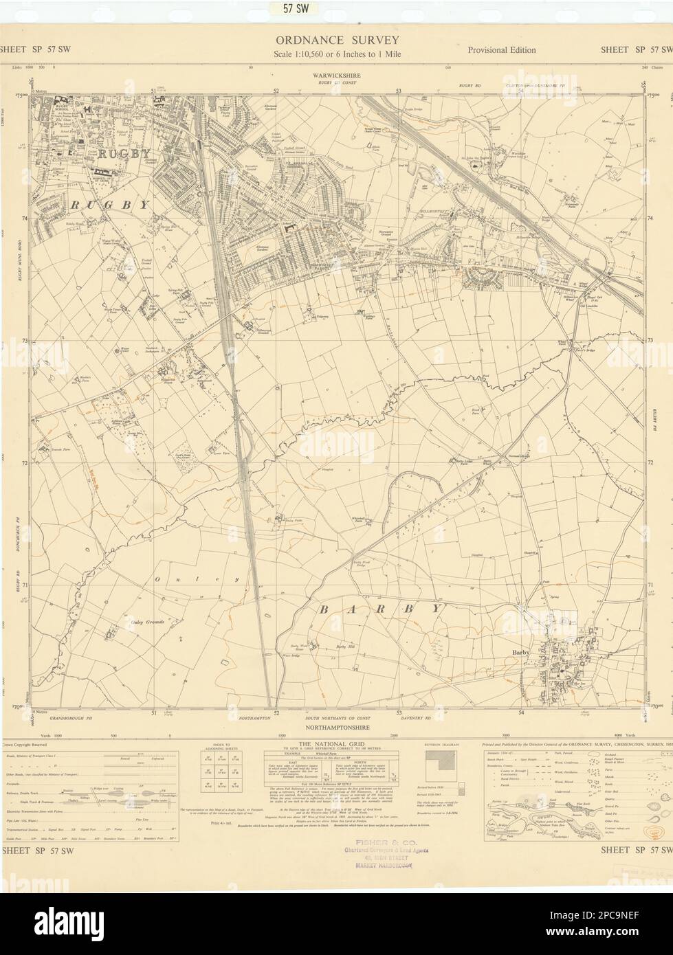 Hoja de encuesta de ordnance SP57SW Warwickshire Rugby Hillmorton Barby 1955 mapa antiguo Foto de stock
