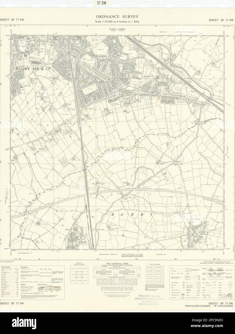 Hoja de encuesta de ordnance SP57SW Warwichshire Rugby Hillmorton Barby 1967 mapa antiguo Foto de stock