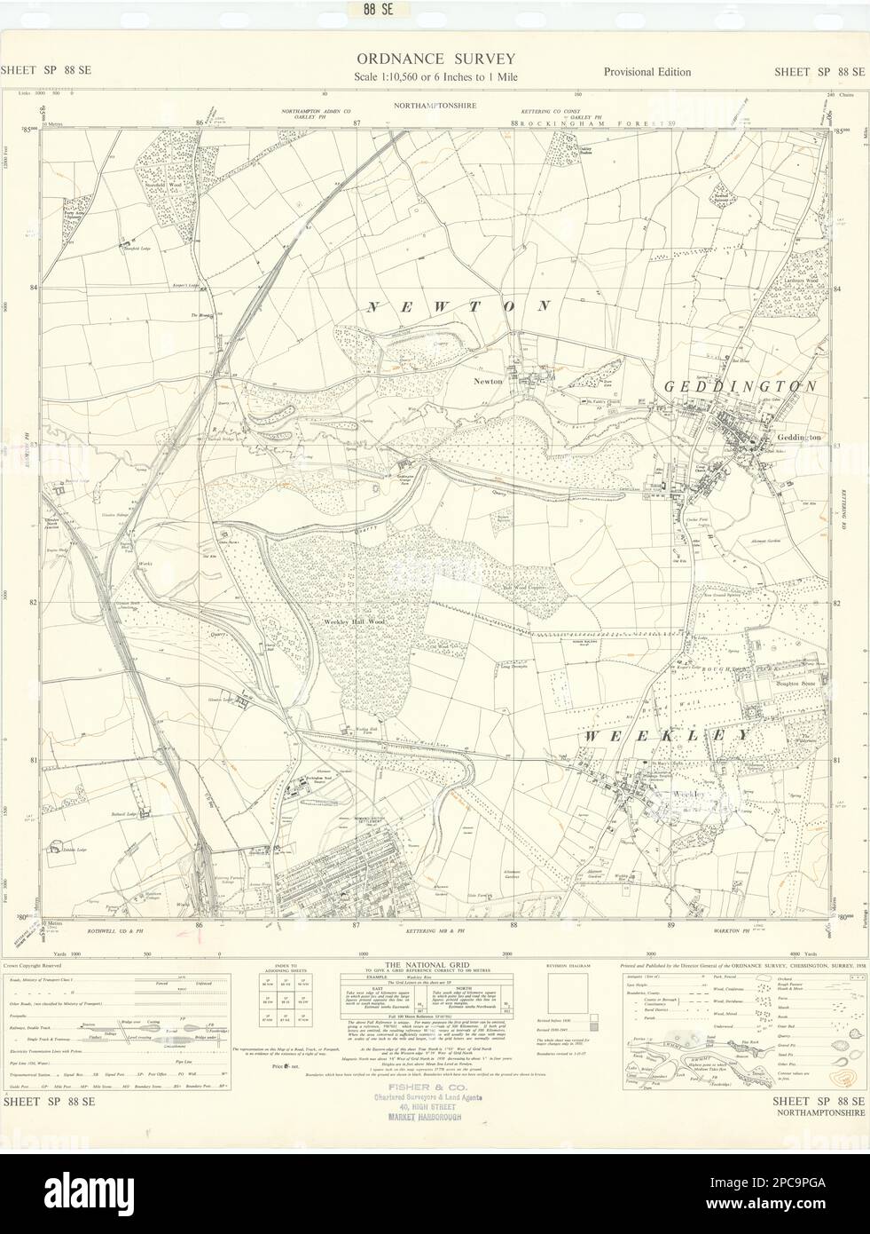 Ordnance Survey SP88SE Northamptonshire Kettering Geddington Weekley 1958 mapa Foto de stock